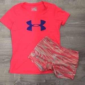 pink under armour shirt and spandex